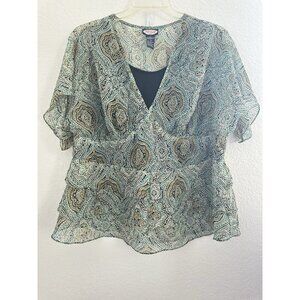 Zoey‎ Beth Womens Babydoll Blouse 2X Multicolor Paisley Tiered Short Sleeve Y2K